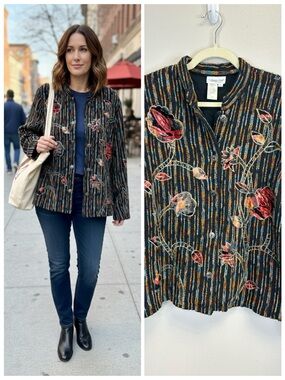 Artsy Boho Velvet Striped Black Multicolor Floral Jacket Size L Floral Textured